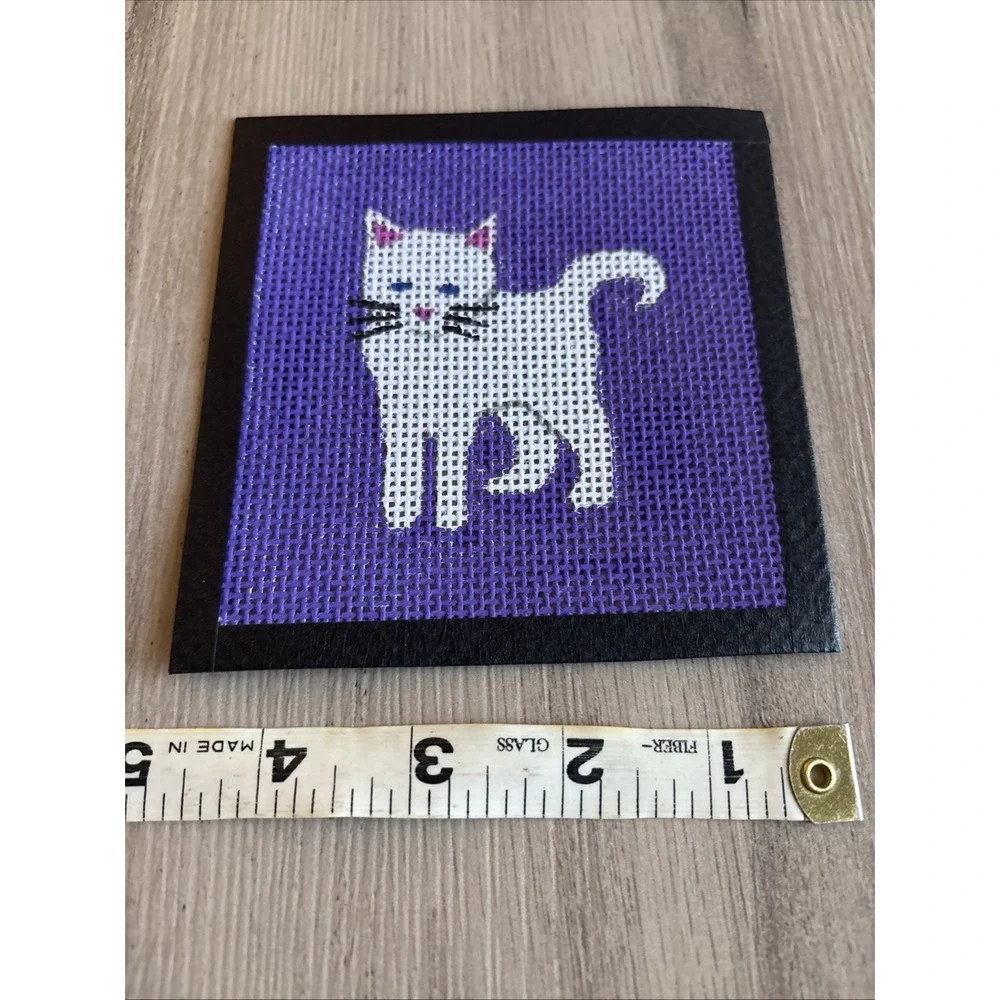 Handpainted Needlepoint Canvas Purple White Cat 13 Mesh 4.5